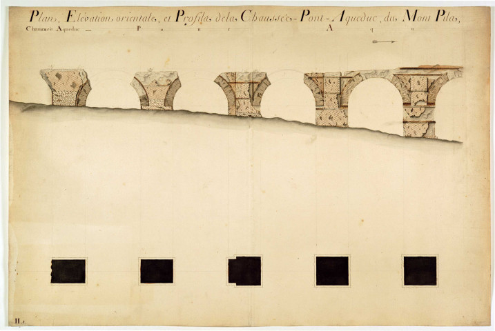 Plan et élévation orientale, et profils de la chaussée-pont-aqueduc du Mont Pilat, tour du réservoir et rampe des siphons élevés hors de la Porte de Saint-Irénée.