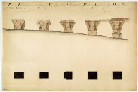 Plan et élévation orientale, et profils de la chaussée-pont-aqueduc du Mont Pilat, tour du réservoir et rampe des siphons élevés hors de la Porte de Saint-Irénée.