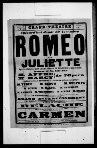 Roméo et Juliette : opéra en cinq actes et dix tableaux. Compositeur : Charles Gounod. Auteurs du livret : Michel Carré et Jules Barbier.