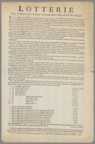 Lotterie pour les pauvres de l'hôpital ou Grand Hôtel Dieu de la ville de Lyon.