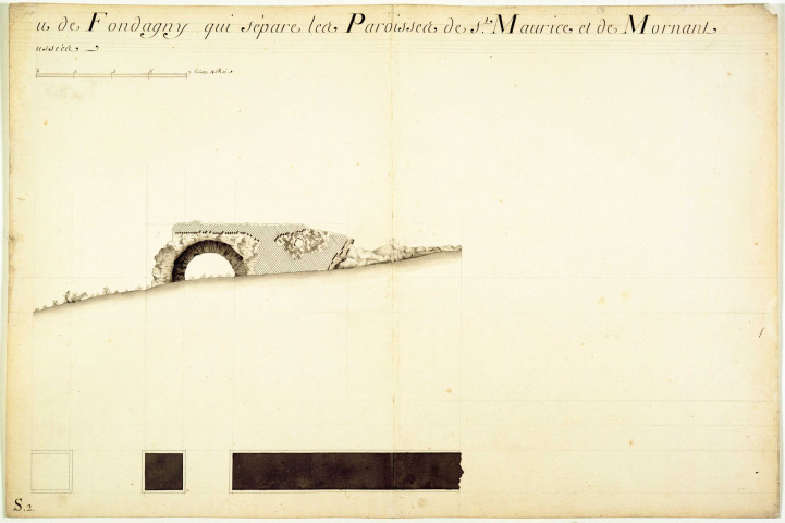Plan et élévation des ruines du pont-aqueduc sur le vallon et ruisseau de Fondagny.
