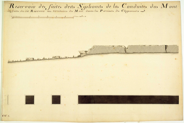 Plan et élévation des ruines de la rampe et tour du réservoir de fuite des siphons de la conduite du Mont-Pilat.