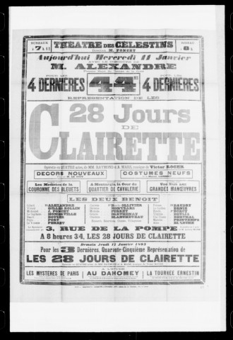 Vingt-huit jours de Clairette (Les) : opérette en quatre actes. Compositeur : Victor Roger. Auteurs du livret : Raymond et Antony Mars.