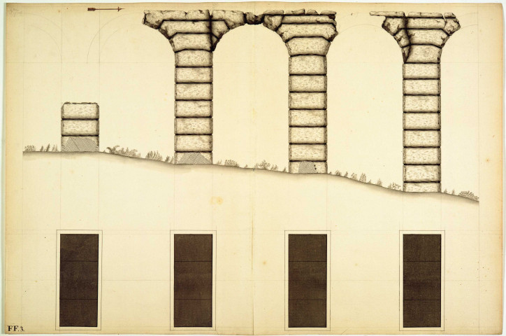 Plan et élévation du Pont-à Siphons du Mont-Pilat avec ses ruines au travers du vallon de Beaunant.