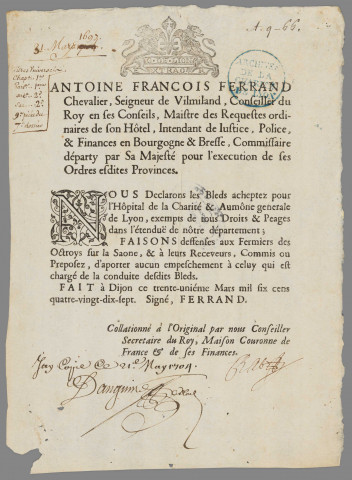 Exemption de droits et péages pour les blés destinés à l'hôpital de la Charité dans le ressort de l'intendance de Bourgogne et Bresse.