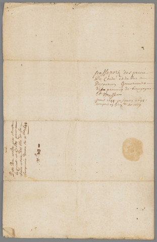 Passeport pour les blés destinés à la Charité : autorisation donnée par Henri III, prince de Condé, gouverneur de Bourgogne