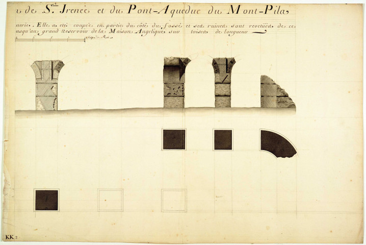 Plan et élévation de la tour du réservoir de fuite de Saint-Irénée et du pont-aqueduc du Mont-Pilat attenant à la tour de la paroisse Saint-Just.