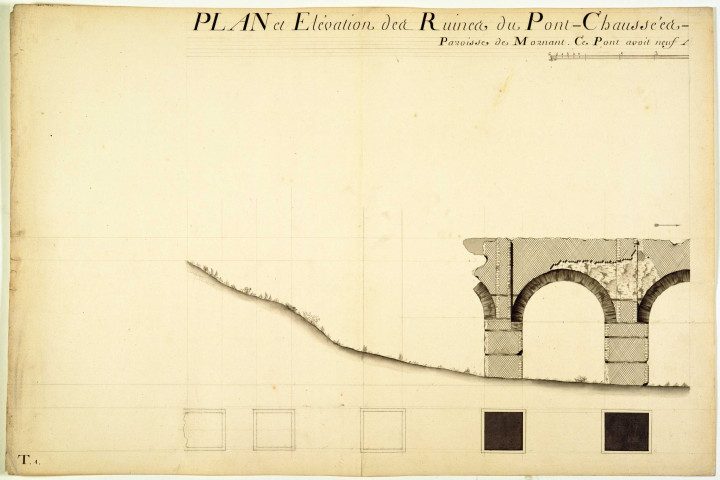 Plan et élévation des ruines du pont-chaussées-aqueduc sur le vallon du territoire de Chavanon.