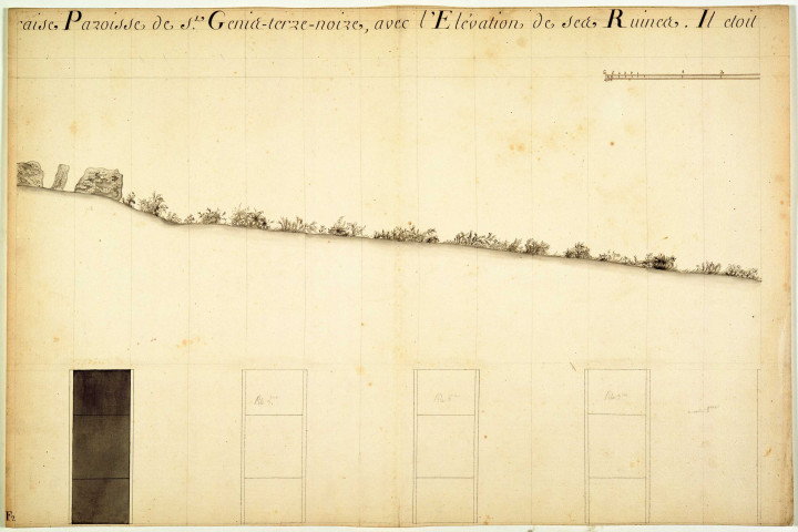 Plan du pont à siphons sur le vallon du ruisseau de la Durèze, Paroisse de Saint-Genis-Terre-Noire avec l'élévation de ses ruines.