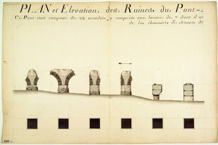 Plan et élévation des ruines du pont-aqueduc du Mont-Pilat dans la paroisse de Sainte-Foy.