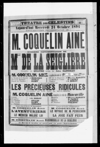 Mademoiselle de la Seiglière : comédie en quatre actes. Représentation Coquelin aîné. Auteur : Julien Sandeau.
