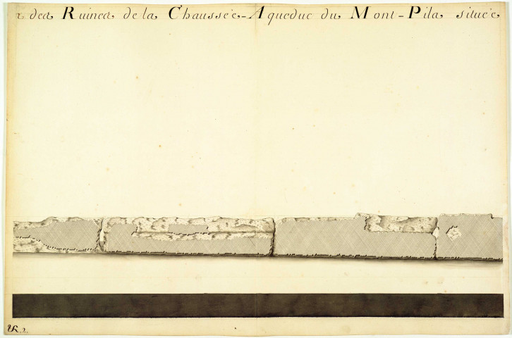 Plan et élévation des ruines de la chaussées-aqueduc du Mont-Pilat située dans la paroisse de Soucieux sur le territoire des Arcs.