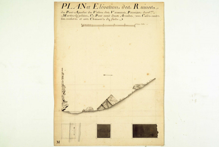 Plan et élévation des ruines du pont-aqueduc du vallon des Varennes, Paroisse de Saint-Martin-la-plaine.