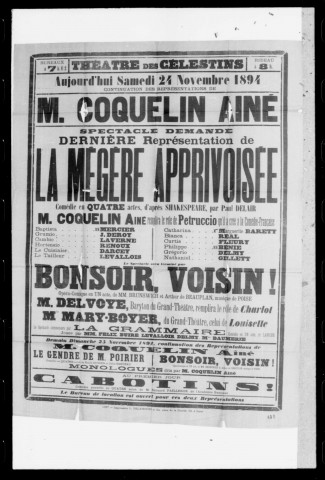 Bonsoir voisin ! : opéra-comique en un acte. Représentation Coquelin aîné. Compositeur : Poise. Auteurs du livret : Brunswick et Arthur De Beauplan.