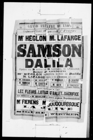 Samson et Dalila : opéra en trois actes et cinq tableaux. Compositeur : Camille Saint-Saëns. Auteur du livret : Ferdinand Lemaire.