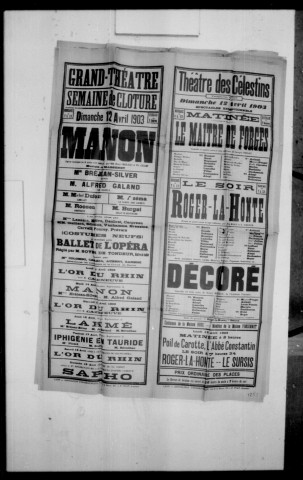 Manon : opéra-comique en cinq actes et six tableaux. Compositeur : Jules Massenet. Auteurs du livret : Henri Meilhac et Philippe Gilles.