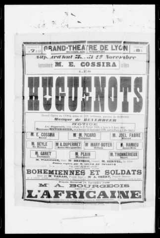 Huguenots (Les) : grand opéra en cinq actes et six tableaux. Compositeur : Giacomo Meyerbeer. Auteur du livret : Eugène Scribe.