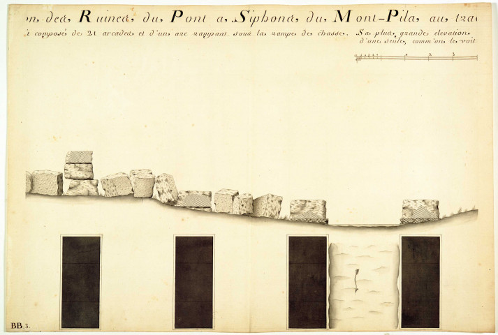 Plan et élévation des ruines du pont à siphons du Mont-Pilat.