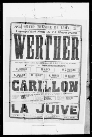 Werther : drame lyrique en trois actes et cinq tableaux. Compositeur : Jules Massenet. Auteurs du livret : Ed. Blau, Paul Milliet et G. Hartmann.