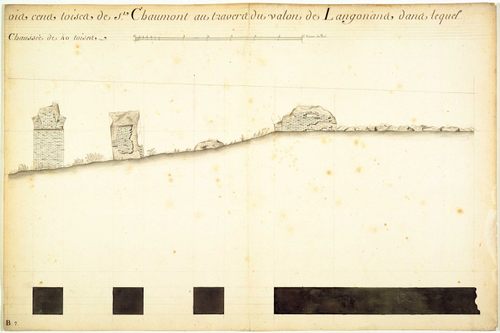 Plan et élévation des ruines du pont-chaussée-aqueduc à l'occident et à trois cents toises de Saint-Chamond.