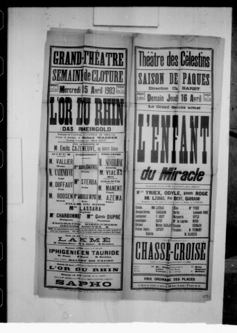 Relâche : affiche présentant les spectacles des jours suivants. (Théâtre des Célestins).