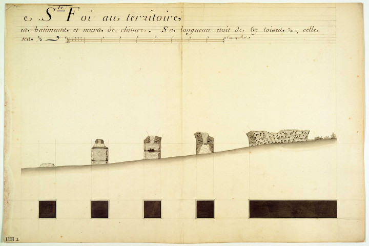 Plan et élévation des ruines du pont-aqueduc du Mont-Pilat dans la paroisse de Sainte-Foy.