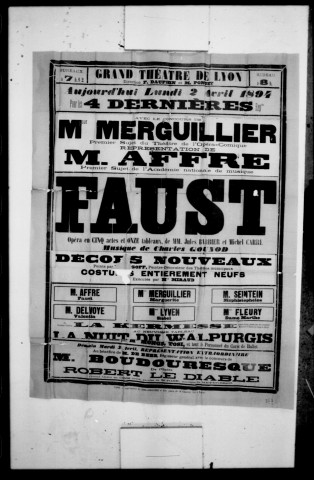 Faust : opéra en cinq actes et onze tableaux. Compositeur : Charles Gounod. Auteurs du livret : Michel Carré et Jules Barbier.