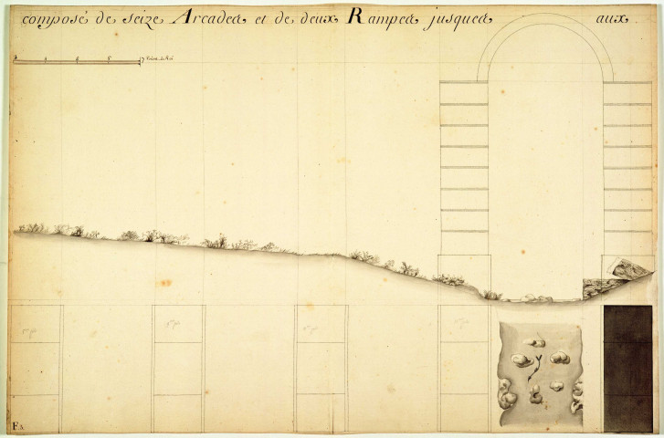 Plan du pont à siphons sur le vallon du ruisseau de la Durèze, Paroisse de Saint-Genis-Terre-Noire avec l'élévation de ses ruines.